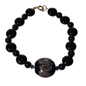 Elegant Boho Black Beaded Bracelet Swirled Purple Centerpiece Fashion Jewelry